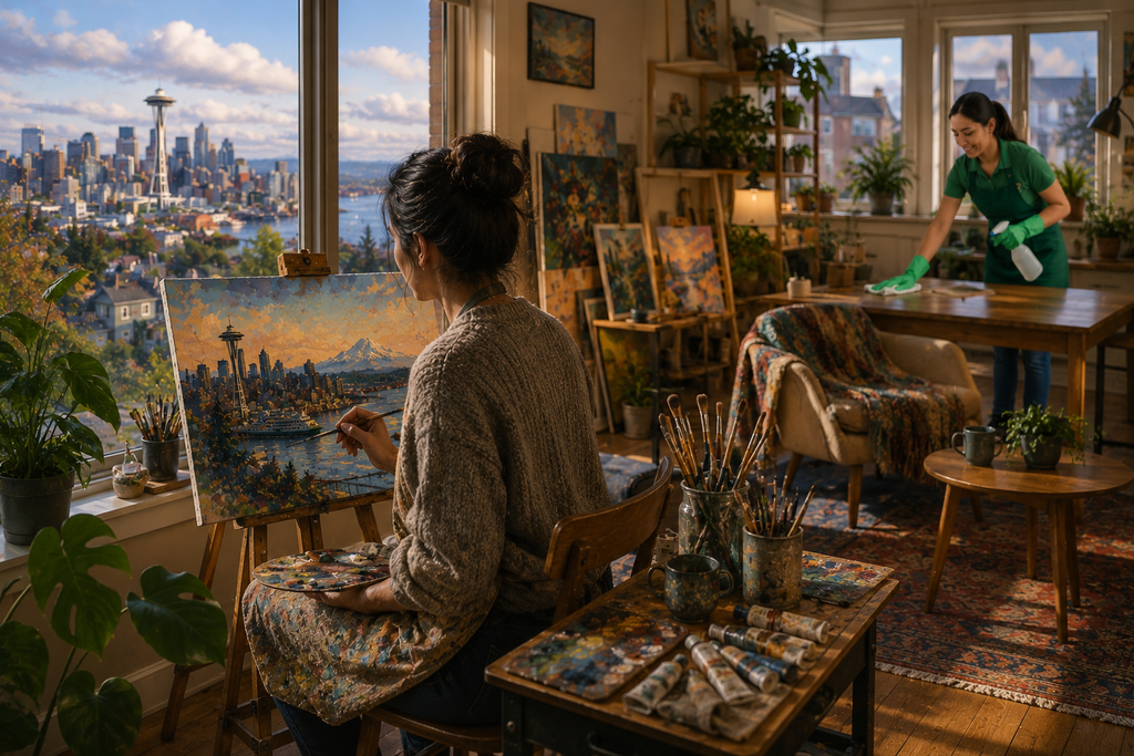 Artist creating a Seattle-inspired painting in a bright, organized home studio while a cleaning professional helps maintain a clean and welcoming environment that supports creativity, comfort, and artistic inspiration.