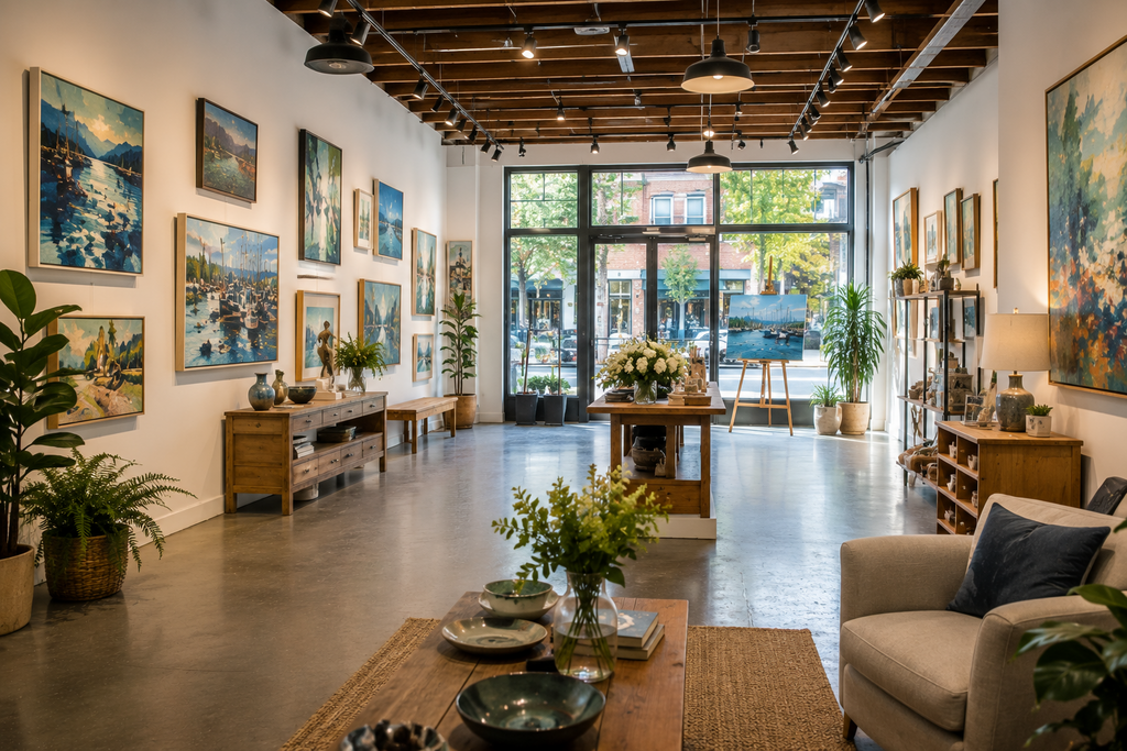 Bright and welcoming art gallery in Seattle’s Ballard neighborhood featuring Pacific Northwest artwork, natural light, organized display spaces, comfortable seating, and a clean environment that encourages creativity and community engagement.