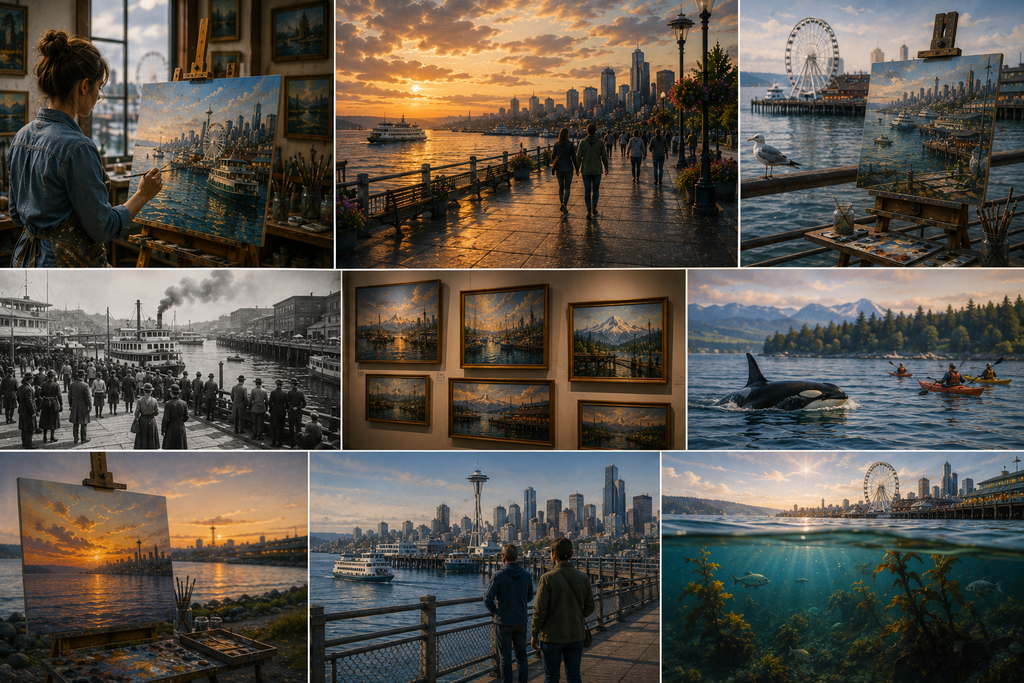 Seattle waterfront-inspired artwork celebrating maritime history, coastal landscapes, city skyline views, marine wildlife, historic piers, and the changing light of Elliott Bay while highlighting the cultural and environmental significance of Seattle’s waterfront.