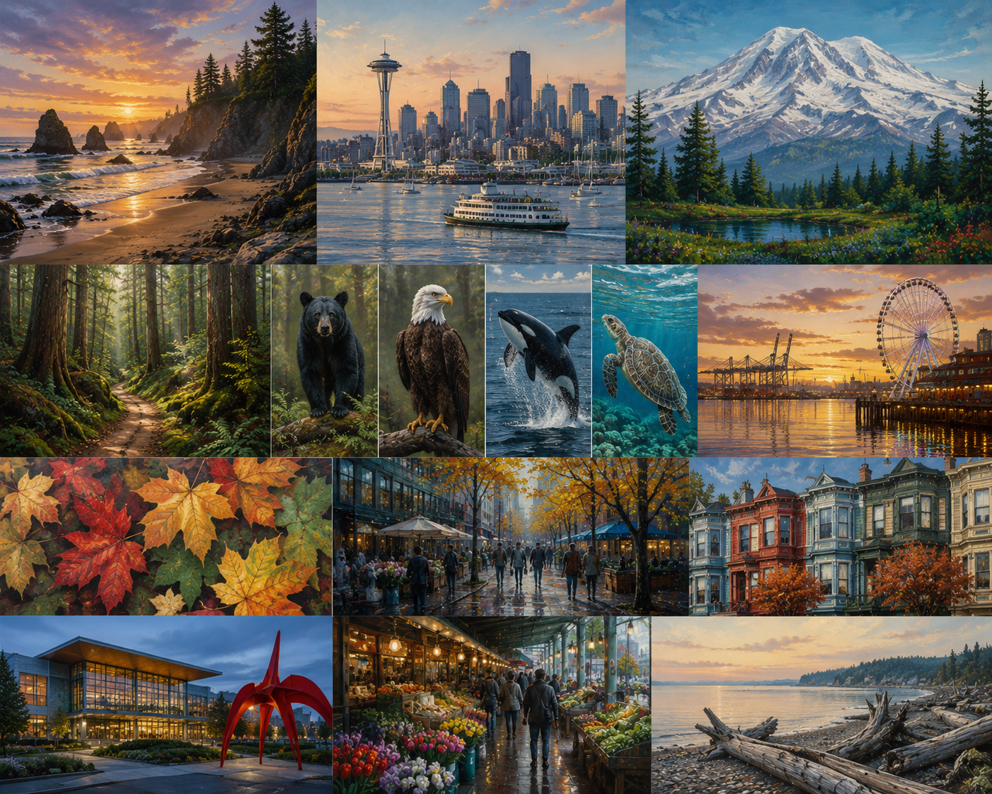 Pacific Northwest inspired artwork featuring coastal beaches, Seattle waterfront views, mountain landscapes, forest trails, wildlife, marine life, local architecture, and vibrant community scenes.